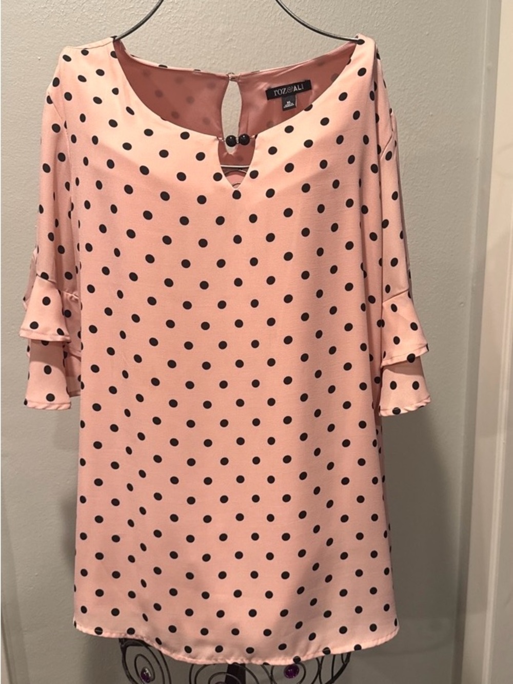 Roz & Ali Pink Polka Dot Blouse with Keyhole Neck